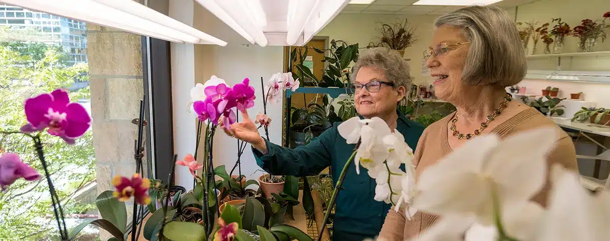 Two Charter House Residents Looking At Orchids