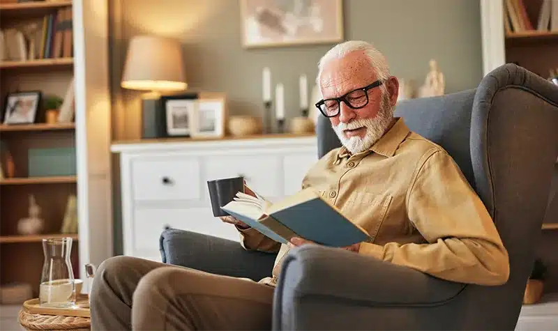 Elderly Male Sitting In Cozy Chair Reading Book